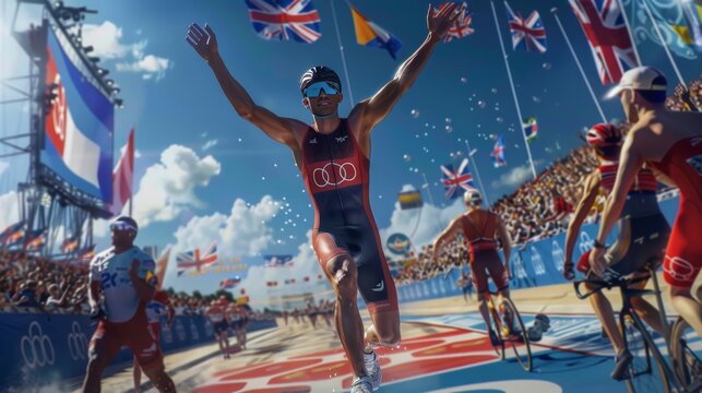 Victorious Moment at the Finish Line of a Triathlon Event during the Paris 2024 Olympic Games