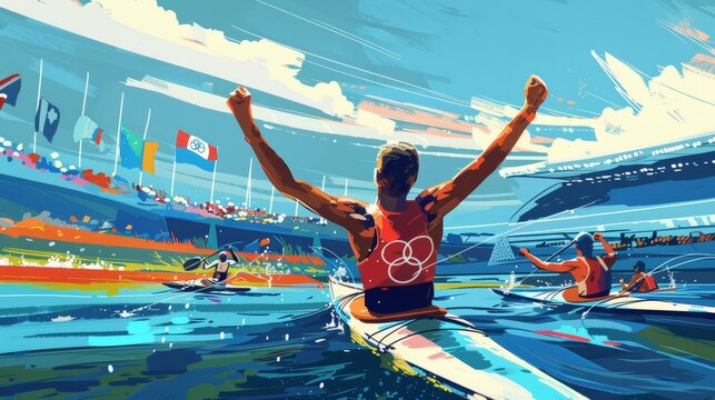 Victorious Moment at the Finish Line of a Canoeing/Kayaking Event during the Paris 2024 Olympic Games