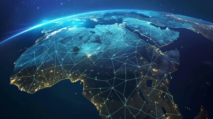 A mesmerizing image depicting Northern Africa and parts of Europe connected through digital networks, highlighting the modern era's digitalization and technological advancements.