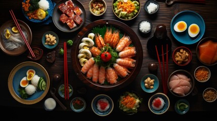 A beautifully arranged assortment of traditional Japanese dishes featuring sushi, rice, and various side dishes, showcasing the rich culinary culture of Japan.