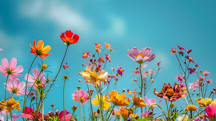 Fototapeta premium flowerbed colorful flowers over blue sky : Generative AI