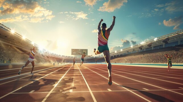 Create an image of a victorious moment at the finish line of a track and field event during the Paris 2024 Olympic Games.