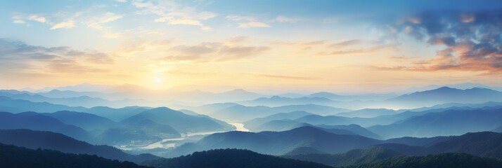 Vibrant sunset sky over asphalt highway and green mountains with clouds in fantasy scenery