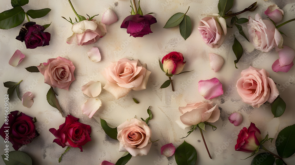 Poster assorted roses heads various soft roses and leaves scattered on a vintage background overhead view :