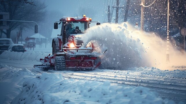 Winter road maintenance  snow blower vehicle clears heavy snowfall with efficiency