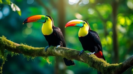 Fototapeta premium A pair of striking toucans, each showcasing vividly colorful beaks, sit side by side on a mossy branch within a dense, vibrant jungle, exuding the charm of tropical nature.