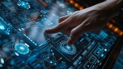 A hand operating a futuristic digital control interface, featuring advanced holographic graphics and detailed data displays, representing modern technology evolution.