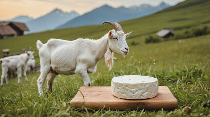 White goat cheese on wooden cutting board on lush alpine meadow with mountain village in the background. Organic goat cheese made from fresh goat milk