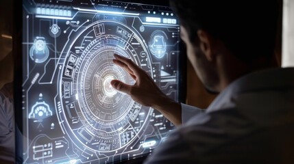 A person using an advanced digital touchscreen panel, showcasing intricate graphics, data visualization, and futuristic design elements in a modern high-tech setting.