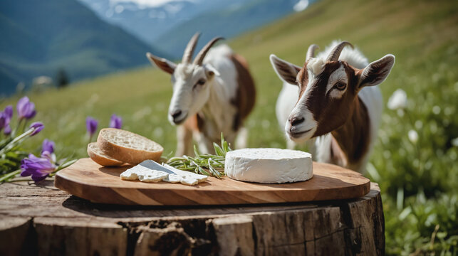 White goat cheese on wooden cutting board on lush alpine meadow with mountain village in the background. Organic goat cheese made from fresh goat milk
