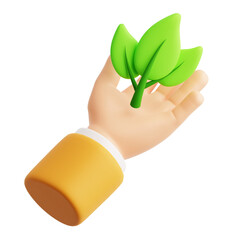 green leaf on palm hand for environmental protection and nature care 3d icon illustration render design