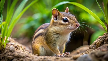 A cautious Little Eastern Chipmunk stands near its burrow entrance, intensely scanning surroundings for potential threats with alert demeanor.