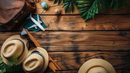 The image portrays travel essentials like hats, sunglasses, a model plane, a leather bag, and small globes laid out artistically on a rustic wooden table, evoking a sense of journey and exploration.