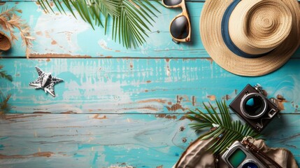 This image captures travel essentials like hats, sunglasses, a camera, and foliage arranged on a turquoise wooden table, depicting a sense of adventure and capture-the-moment vibes.