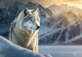 Fototapeta premium White wolf in snow, blurred background, winter, arctic wildlife