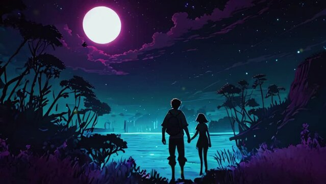 A couple explores a mystical island shaped like a heart, with bioluminescent plants and glowing animals guiding their way, zoom OBS, anime chill hip hop. Cyan purple colours manga style