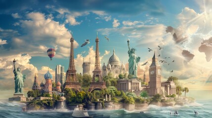 Obraz premium An imaginative collage artwork featuring famous landmarks including the Eiffel Tower, Statue of Liberty, and Big Ben, highlighting global architectural icons.