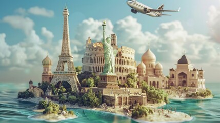 An imaginative illustration showing an island filled with notable landmarks like the Statue of Liberty and the Colosseum, representing global travel and cultural grandeur.