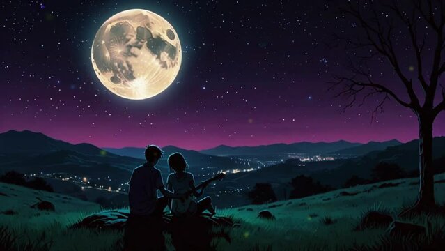 A couple sits on a hill, the man serenading his partner with a guitar under a full moon, surrounded by twinkling stars, overlay zoom OBS, anime chill hip hop. Cyan purple colours manga style