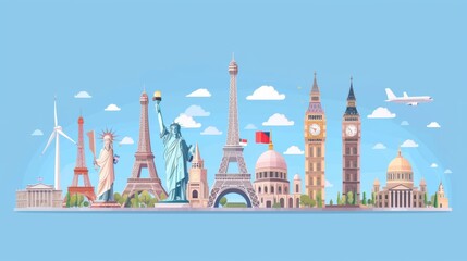 Fototapeta premium A vibrant illustration showcasing famous global landmarks including the Eiffel Tower, Statue of Liberty, Big Ben, and others in a lightly-clouded sky background.