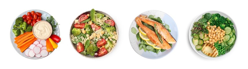 Set of different healthy meals on white background, top view