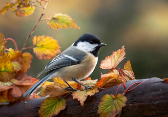 Obraz premium Chickadee bird sitting on a tree branch between brown autumn leaves, blurred background