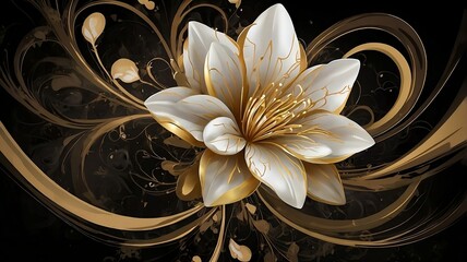 Stunning flower in gold and white tones with swirling abstract patterns on a dark background. Elegance and beauty concept.