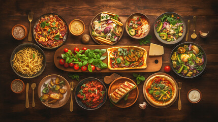 Delicious italian dinner with various dishes