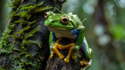 Fototapeta premium A vibrant green frog with strikingly detailed eyes clings to a moss-covered tree trunk, highlighting the intricate beauty of its environment in the natural world.