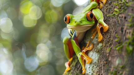 Fototapeta premium A bright green frog with orange feet and large eyes clinging to a tree trunk, set against a bokeh background, showcases the exquisite detail and color of the rainforest.