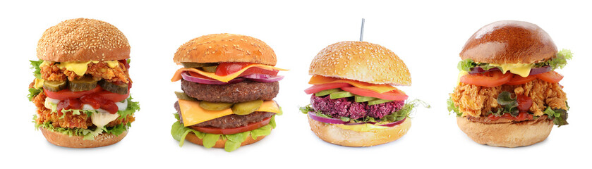 Different delicious burgers isolated on white, set