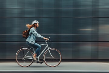 A cyclist wearing a helmet and a backpack rides a bicycle swiftly along a city street, with a blurred background emphasizing the motion and urban environment.