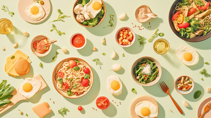 Delicious food arrangement with eggs, pasta, and salad