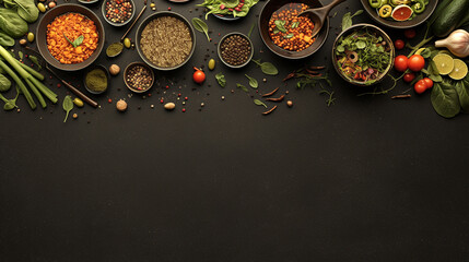 Spices, herbs, and vegetables on black background