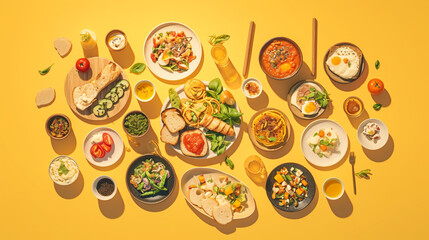Variety of food dishes on yellow background