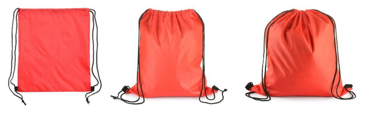 Red drawstring sports bags isolated on white, set