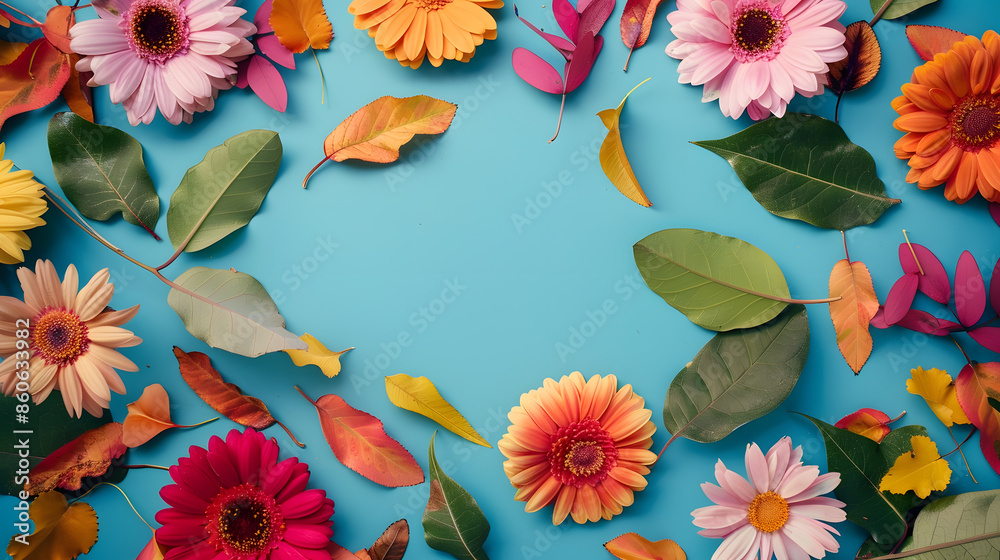 Poster creative layout with colorful flowers leaves and copy space card note nature concept flat lay : gene