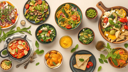 Variety of healthy dishes on white table