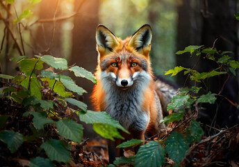 Fototapeta premium Red fox in forest leaves portrait, woodland animals, forest nature creatures