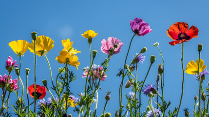 Naklejka premium Colourful wild flowers blooming outside Savill Garden Egham Surrey UK photographed against a clear blue sky : Generative AI