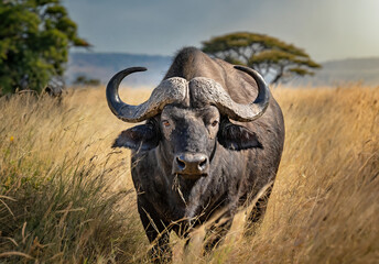 Bison in tall and yellow savannah grass, savannah desert fauna, wildlife animals