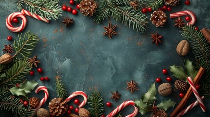 Festive holiday backdrop with candy canes and evergreen twigs