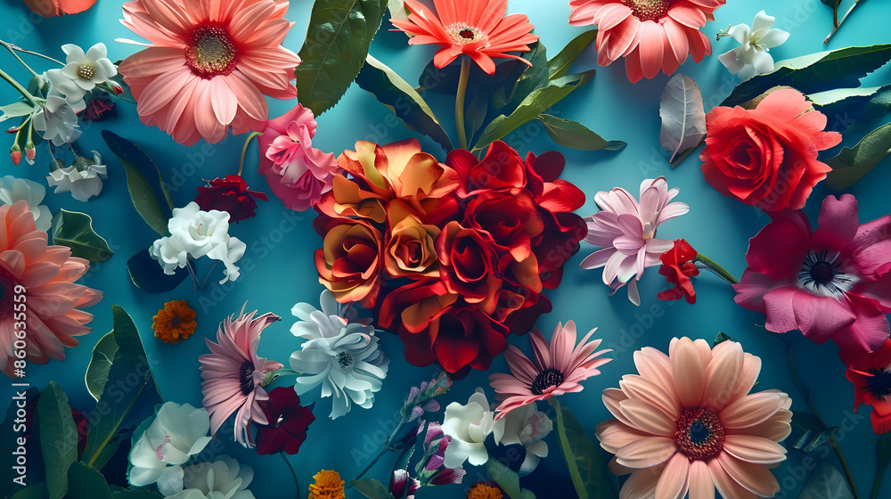 Poster creative layout with colorful flowers leaves and heart shape anniversary conceptflat lay : generativ