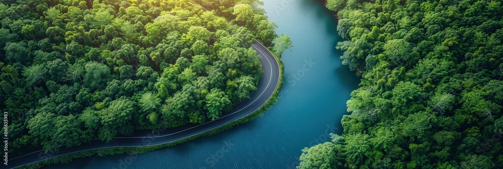 Wall mural aerial view of winding road through lush forest