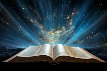 Epic cinematic open book display for slideshows, book studies, banners, and devotionals