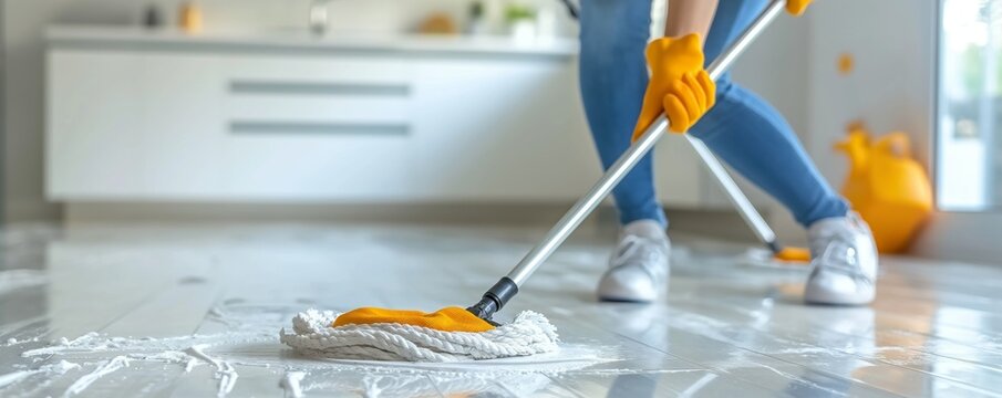 A person in yellow gloves is bending down and mopping a shiny, clean floor in a modern kitchen setting, demonstrating cleanliness and hard work.
