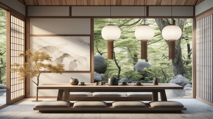 Obraz premium Modern kitchen design with japanese scandi fusion interior style for contemporary homes