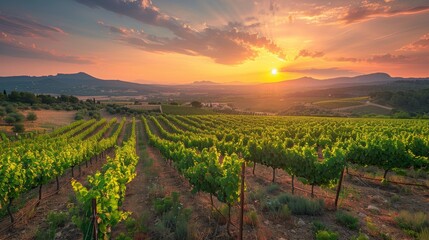 Sunset over vineyards in languedoc