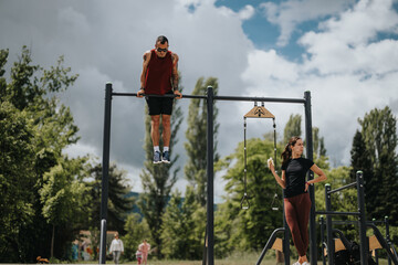 An athletic man performs pull-ups while a focused woman prepares for her workout nearby,...