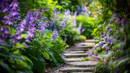 Obraz premium Natural cottage summer garden view in june or july Hosta clematis nepeta catmint in full bloom Curvy pathway : Generative AI